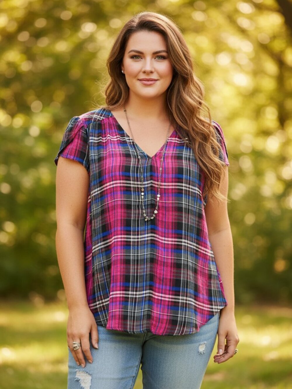 Torrid 1X 14 16 Top Harper Pink Plaid V Neck SS Georgette Boho Chic Office